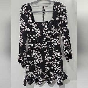 Satin Floral Black Dress, Cherry Blossom, Square Neck, Forever 21